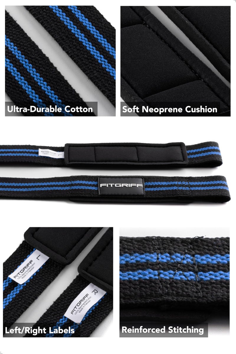 FitgriffÂ® Lifting Wrist Straps for Weightlifting, Gym, Deadlift, Workout (Made of Premium Cotton & Padded) - Men & Women (Standard, Black/Blue) - Image 3